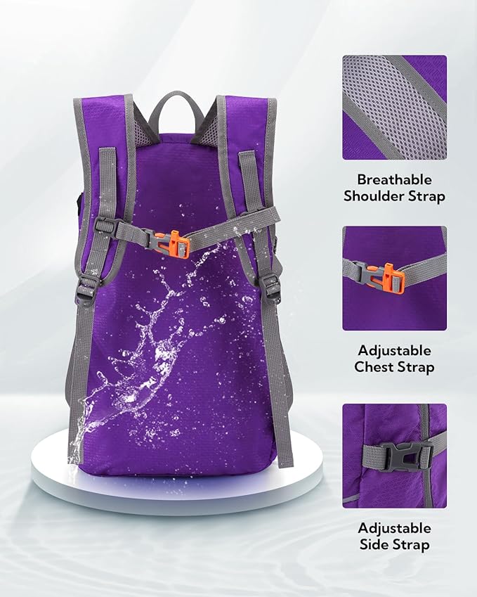 WATERFLY Hiking Packable Daypack Backpack: 25L Ultra Lightweight Day Pack for Women Men - Small Compact Folding Back Pack for Outdoor Sport Cycling Camping Travel Trip - Purple