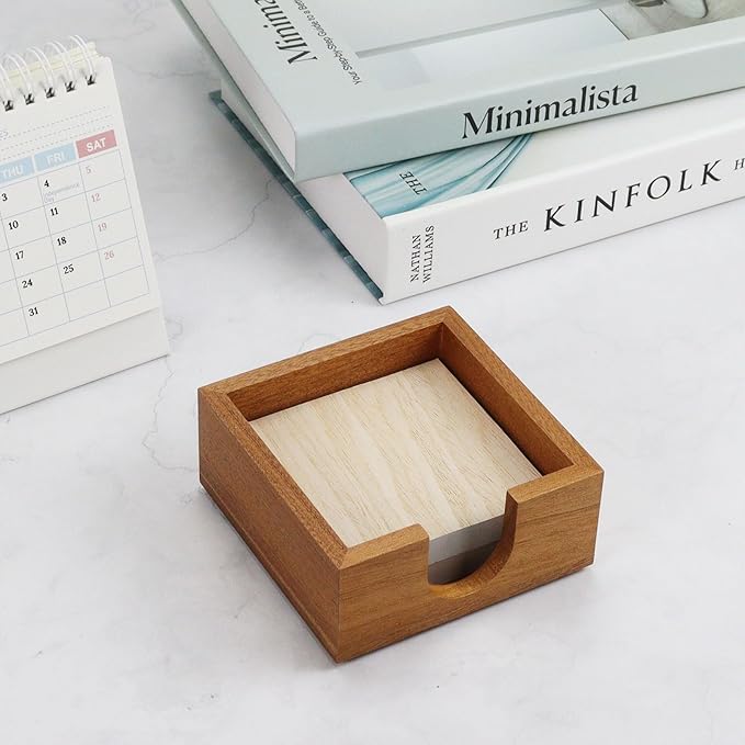 MultiBey Sapele Wood Sticky Note Holder with Non-Slip Base - Natural Wood Memo Pad Dispenser & Desk Organizer for Post-it Notes, Paper Clips, Office & Home