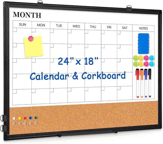 Monthly Calendar Whiteboard Dry Erase Cork Board Combo, 24" x 18" Magnetic Double-Sided Calendar White Board and Bulletin Board with Black Aluminium Frame, Portable Whiteboard for Office, Home, School