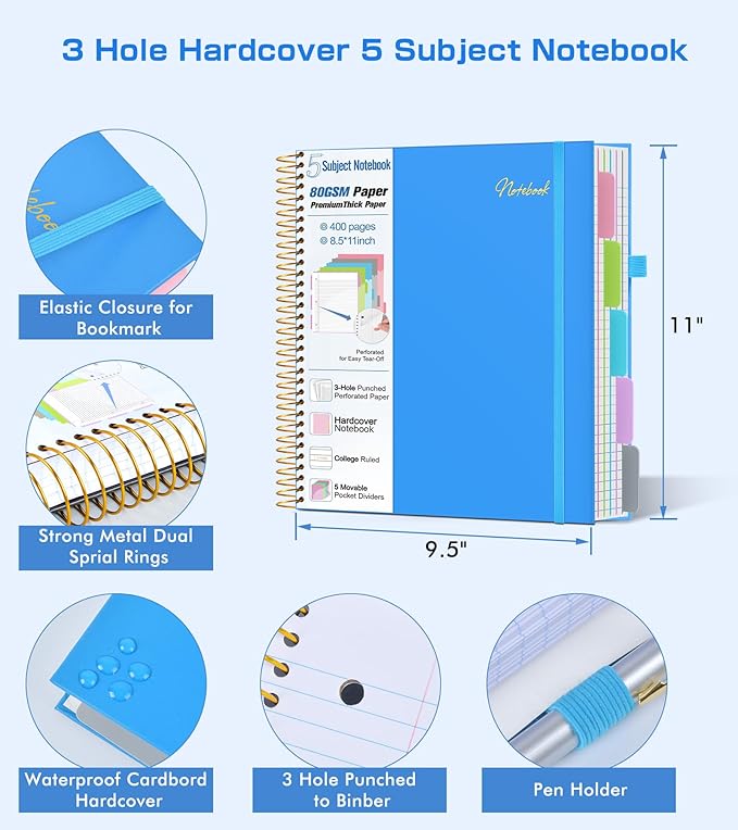 5 Subject Notebook College Ruled,80GSM Paper Thick Hardcover Spiral Notebook Lined Journal with Removable Dividers Tabs,400pages 8.5"x11" Paper Large Notebooks for School Work,3-Hole Punched, Blue
