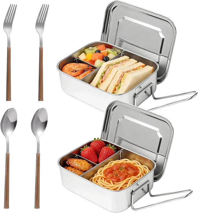 2 Pcs 304 Stainless Steel Bento Box, 1200ml 3-Compartment Metal Lunch Container with Fork and Spoon, Leak Proof Metal Lunch Container for Youngsters and Adults
