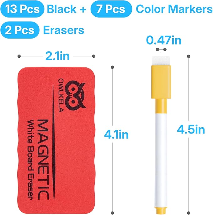 OWLKELA 20 Pcs Colorful Magnetic Erasable Markers for Whiteboard, Dry Erase Markers with Eraser, Low Odor Magnetic Eraser, White Board Markers for Office, Classroom, Home, 8 Color