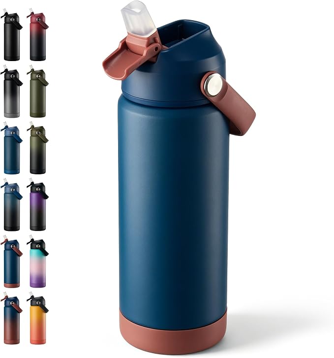Fijinhom 18 oz Insulated Water Bottle with Straw Lid, Stainless Steel Water Bottles, Double Wall Vacuum, Portable Handle & Non-slip Bottom, BPA Free Leak Proof Metal Bottles, Keep Cold 24H, Sapphire