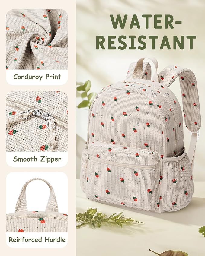 Corduroy Kids Backpack for Boys Girls Ages 5-8 | 15 Inch Water-Resistant Lightweight School Bookbag for kindergarten and Elementary, 1st-3rd grade(Large,Strawberry)