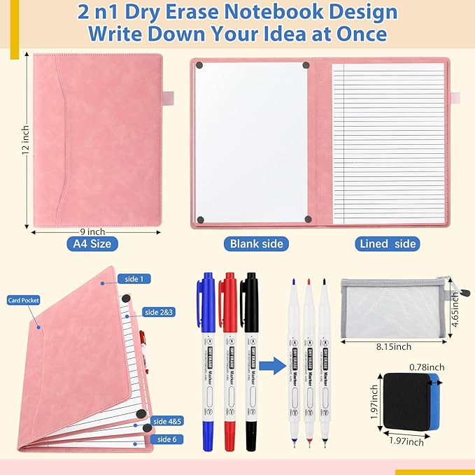 Feifeiya 6 Sides Dry Erase Notebook Portable Whiteboards Notebook Small Reusable College Ruled Lined Board Folding Mini Travel Dry Erase White Board for Office Study(Pink,A4: 9 x 12 Inches)