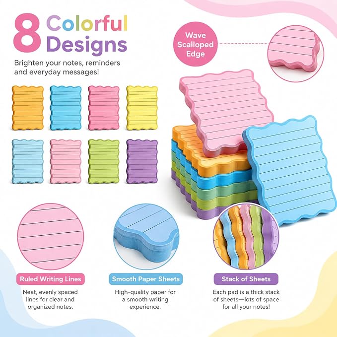 Whaline 8Pcs Stripe Scalloped Sticky Notes 4 x 6 Inch Vibrant Color Striped Self Adhesive Lined Notepad Removable Memo Pad for Classroom Office Home School Party Supplies