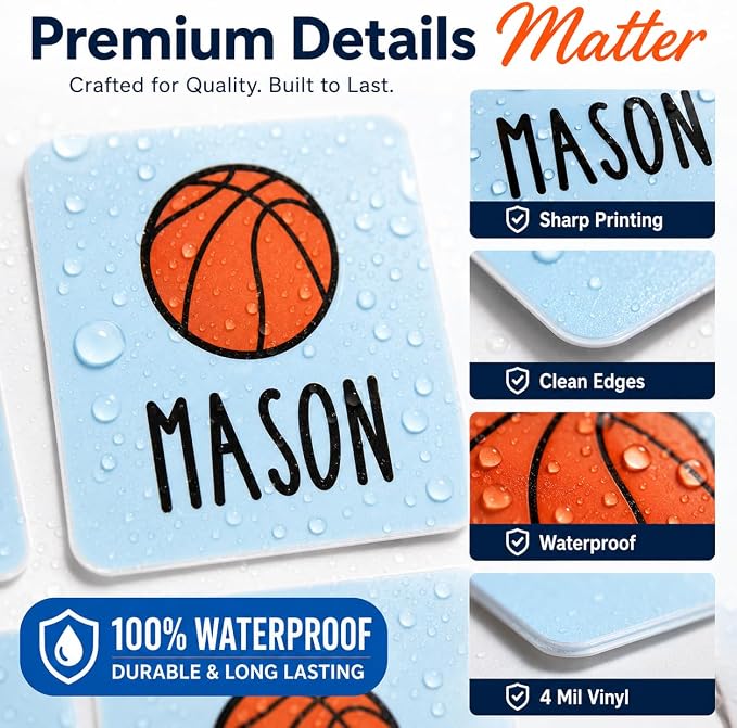 Andaz Press Custom Personalized Waterproof School Name Labels, Basketball, 120-Pack, Kids Labels Combo Pack, Customizable Multi-Use Name Stickers for Preschool, Daycare, Back To School Supplies, Sport
