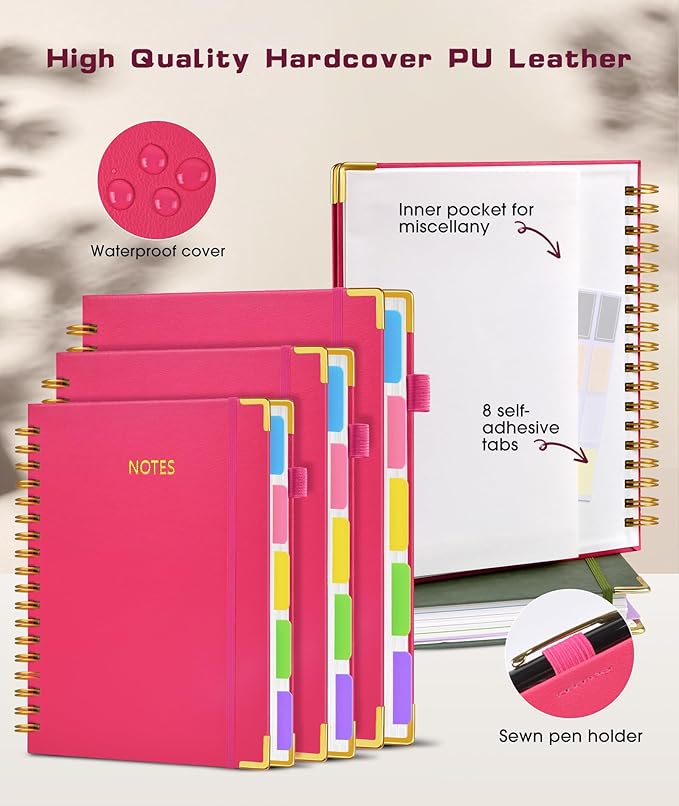 Hardcover Spiral Notebook 8.5"x11" Journal with Removable Dividers Tabs, 300 Pages Leather 5 Subject Notebook College Ruled, Large A4 Notebooks for Work School, Lined Journal for Women, A4 Rose
