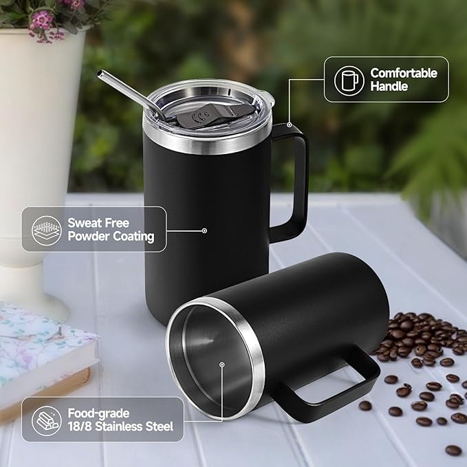Volhoply 22oz Insulated Stainless Steel Coffee Mug with Leakproof Lid,Double Wall Vacuum Travel Coffee Cup with Handle,Reusable Metal Tumbler,Camping Mugs Keep Hot&Cold(Black,1)