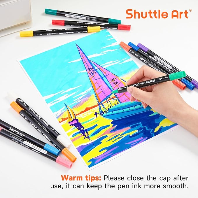 Shuttle Art 28 Colors Dual Tip Acrylic Paint Markers, Brush Tip and Fine Tip Acrylic Paint Pens for Rock, Ceramic, Wood, Canvas, Plastic, Glass, Stone, Calligraphy, Card Making, DIY Crafts