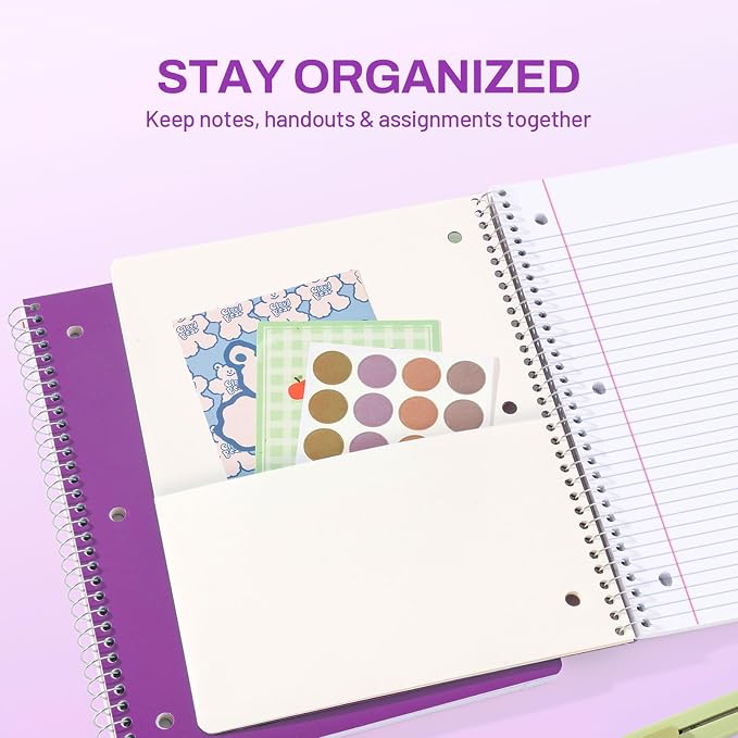 SUNEE Spiral Notebook, 1-Subject, College Ruled Paper, 8" x 10-1/2", 100 Sheets per Notebook, 3-Hole Punched Paper, Water Resistant Cover, Double-sided Pockets, Dark Purple
