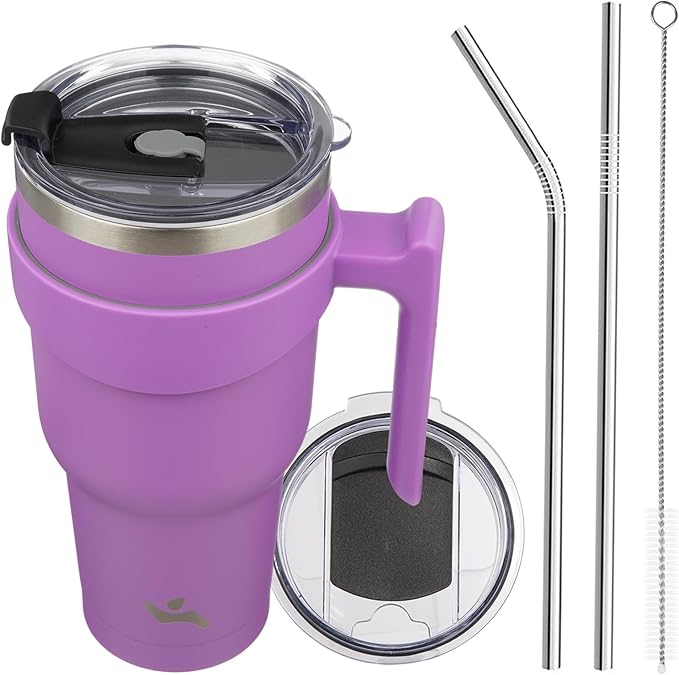 Konokyo 40 oz Tumbler with Handle and 2 Straw 2 Lid, Insulated Water Bottle Stainless Steel Vacuum Cup Reusable Travel Mug,Lavender