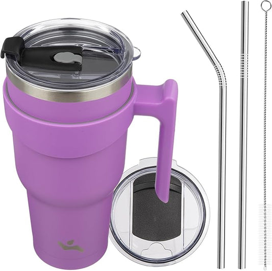 Konokyo 40 oz Tumbler with Handle and 2 Straw 2 Lid, Insulated Water Bottle Stainless Steel Vacuum Cup Reusable Travel Mug,Lavender