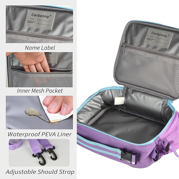 Cerbonny Kids Lunch Box, Purple, Unisex, Polyester, With Insulated Interior, Easy-Wipe Clean, 10.8"L x 4"W x 8.8"H, 4 Carrying Options