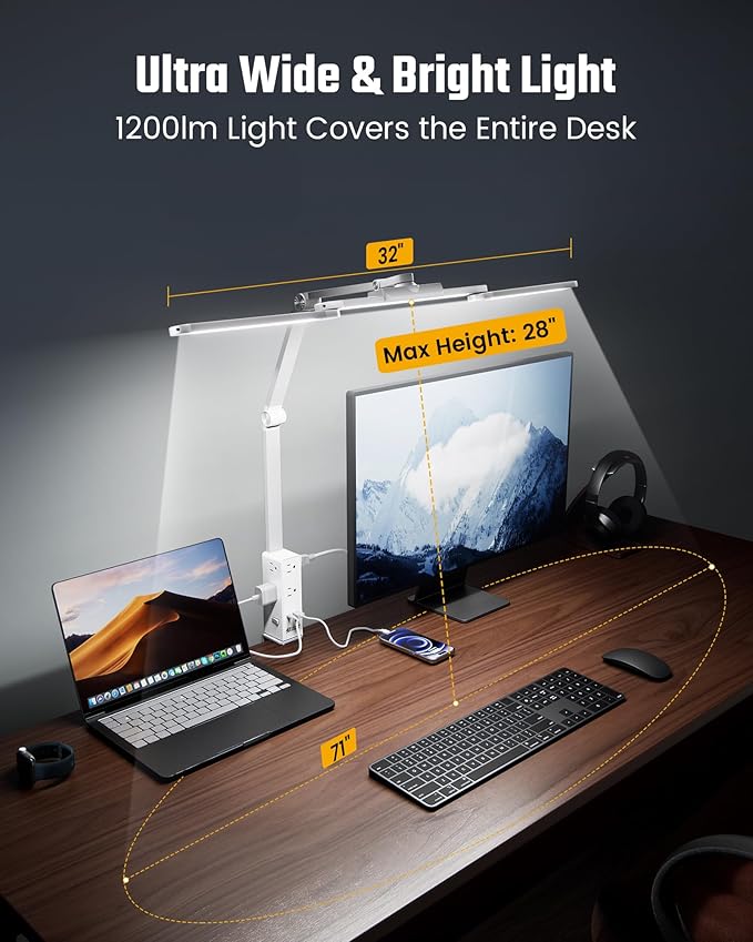 SUPERDANNY LED Desk Lamp with Power Strip (6 Outlets, 1 USB, 1 Type-C) for Home Office, Desk Light Computer Light with Clamp, Architect Desk Lamp with Smooth Dimming 5 Colors (White)