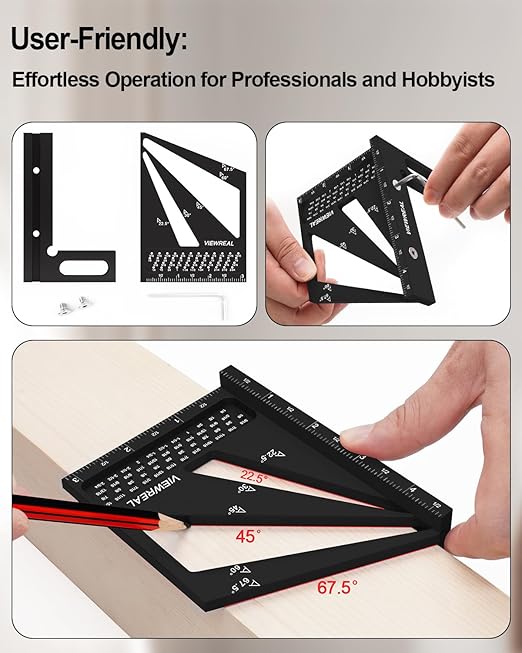 Multi-Angle Measuring Ruler,3D Woodworking Square, 22.5-90 Degree Aluminum Alloy Protractor for Precision Carpentry, Engineering & DIY Projects, Laser Etched, Durable, Portable - Black
