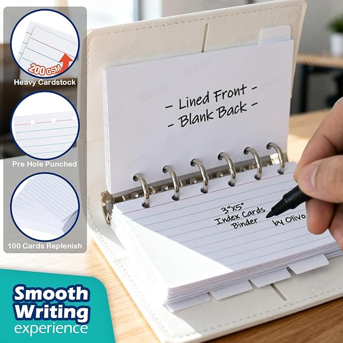 3x5 Lined Index Cards with Ring Binder Holder and Dividers, 100 Note Cards, Pink