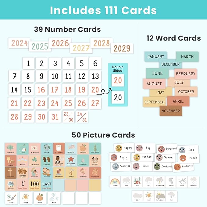 Classroom Boho Calendar & Weather Pocket Chart with 111 Cards, Circle Time Learning Center for Kids and Toddler, Preschool Must Haves!
