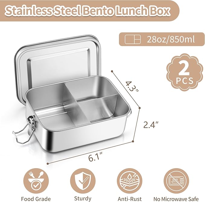 TeamFar 2 Pack Stainless Steel Bento Box, 28oz Metal Lunch Box with 3 Compartments for Adults/Kids, Lunch Food Containers for School/Work/Meal Prep, Leak-Proof & Dishwasher Safe, 850ML