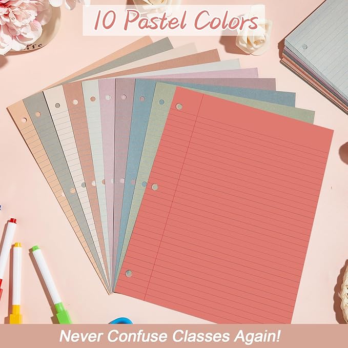 gisgfim 100 Sheets Loose Leaf Binder Paper, 8" x 10.5" Colored College Ruled Paper, 3 Hole Punched Lined Refill Inserts Thicken for 3-Ring Binders Notebooks Planner Writing School Office (Vintage)
