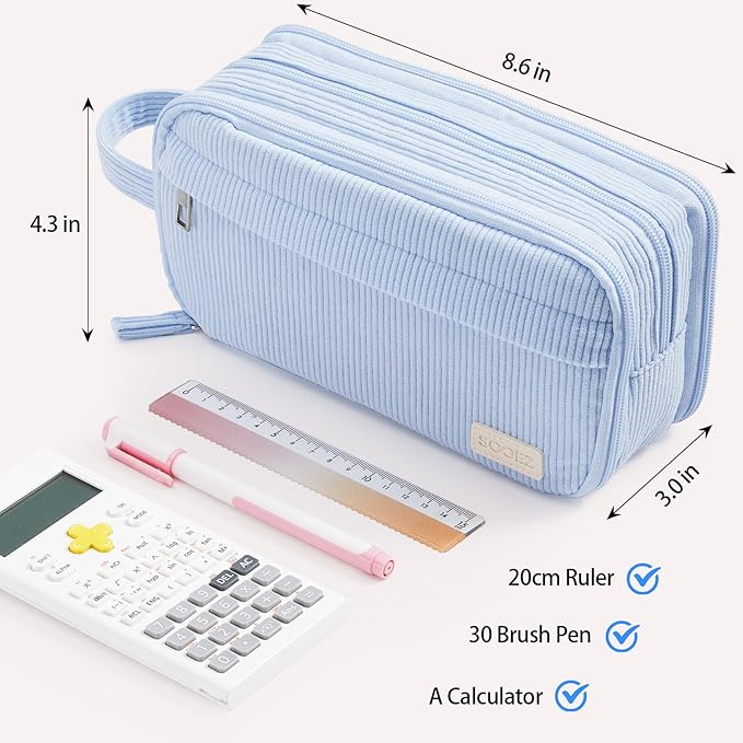 Sooez High Capacity Pencil Case, Soft Corduroy Pencil Pouch with 4 Compartments, Multiple Pockets, Large Bag with Sturdy Zipper, Cute Case Pouch Organizer for Student Teen Girls, Dark Green