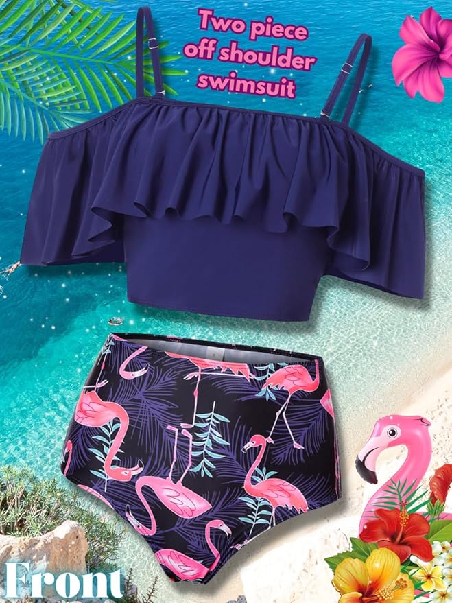 Kaei&Shi High Waisted Flounce Bikini Set,Tummy Control Swimsuits for Women,Off Shoulder