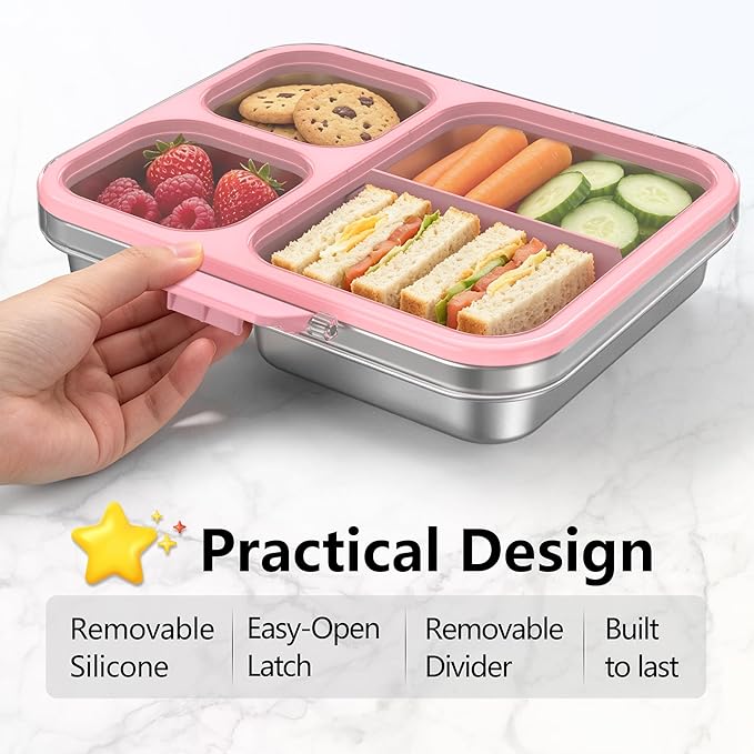 HOMEKOL Stainless Steel Bento Lunch Box, 3-Compartment Leak-Proof Metal Lunch Container for Kids & Adults, BPA-Free, Dishwasher Safe, Clear Tritan Lid, 4.2Cups/1000ml Pink (Not Insulated)
