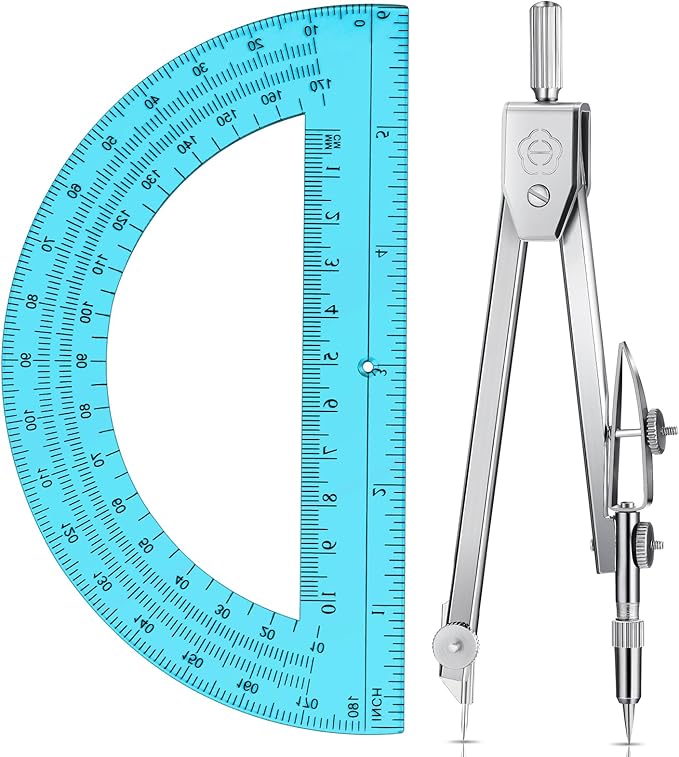 Zonon Student Protractor and Compass Set, Student Geometry Math Set, Compass for Geometry and 180 Degree 6 Inch Protractor for Drawing Measuring School Office(1 Pcs,Blue)