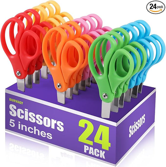 BURVAGY 24 Packs 5" Small School Student Blunt Tip Craft Kids Scissors, Stainless Steel Blades Comfort Grip 5 Inch Safety Scissors Bulk for Children Toodler Cutting Paper
