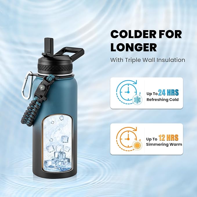 RAYMYLO Insulated Water Bottle 32 oz, Triple Wall Vacuum Stainless Steel (Cold for 24Hrs, Hot for 12Hrs), Leak Proof & Non-BPA, Modern Water Flask Jug with Paracord Handle & Straw Spout Lids