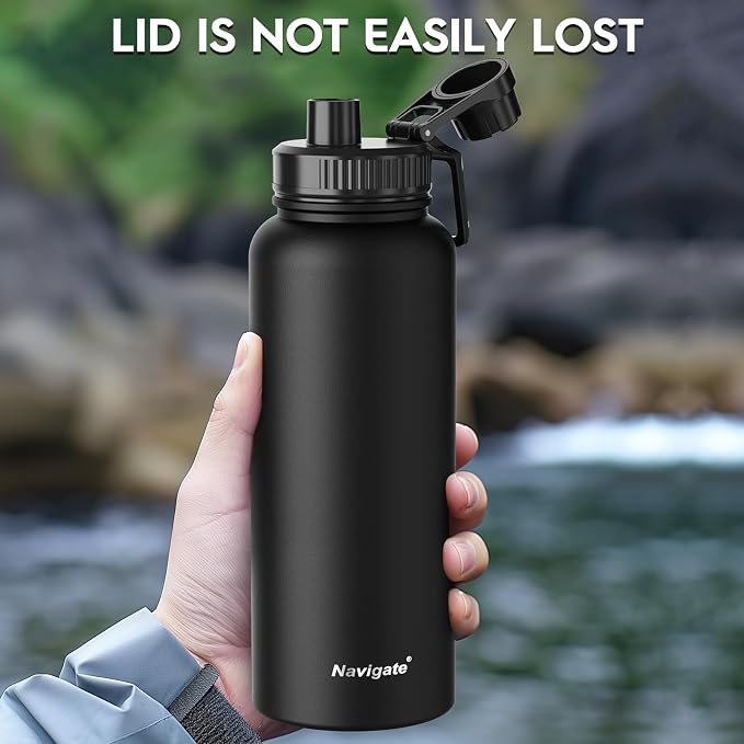 Navigate 40oz Insulated Water Bottle for Sports, Keep Cold 24H | 2-in-1 Spout and Handle Lids, Double Leak-Proof, 18/8 Stainless Steel, BPA-Free, Wide Mouth for Gym and Hiking,Black