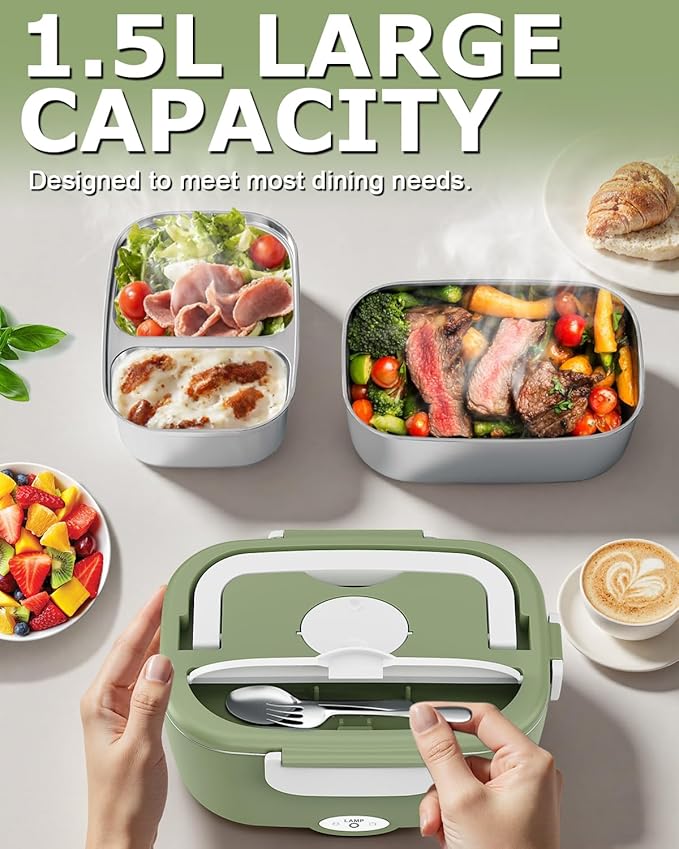 Geveniss Electric Lunch Box for Adults, Heated Lunch Box for Car and Truck, Portable Food Warmer for Office Work, 80W Fast Heating, Dual Removable 1.5L Stainless Steel Containers