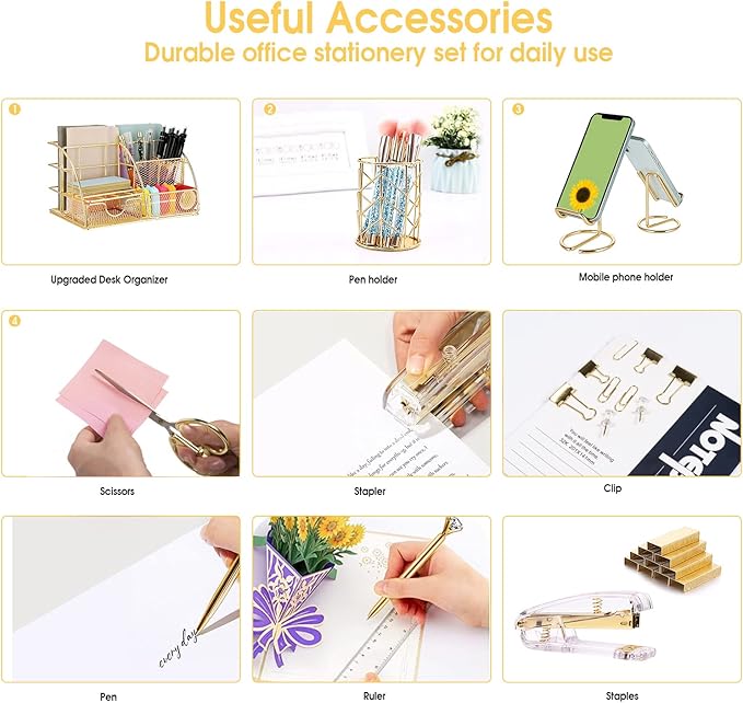 KAAKOW Gold Desk Organizers and Accessories Office Supplies Set Stapler, Pen Holder, Phone Holder, Scissors, Pen, Ruler, 30 Paper Clips, 22 Binder Clip, 20 Tacks and 1000pcs Staples (Gold)