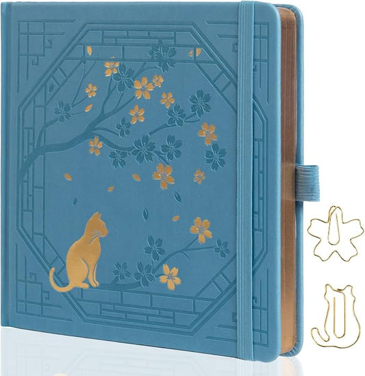 TIEFOSSI Square Dotted Journal, Cute Cat Journal for Women Girls, Dot Notebook with Pretty Sakura Pattern, Aesthetic Diary for Writing Journaling Drawing, Golden Edges, 8 x 8 IN