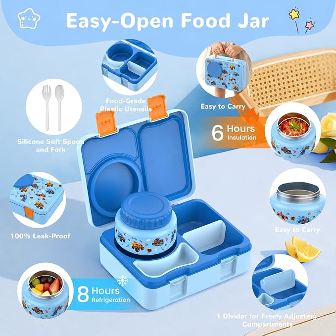 Kids Insulated Lunch Box with 8OZ Thermo Food Jar | Leakproof Bento Box with Ice Pack Sauce Cup Utensils Removable Tray & Dividers for School Daycare Travel, Trucks