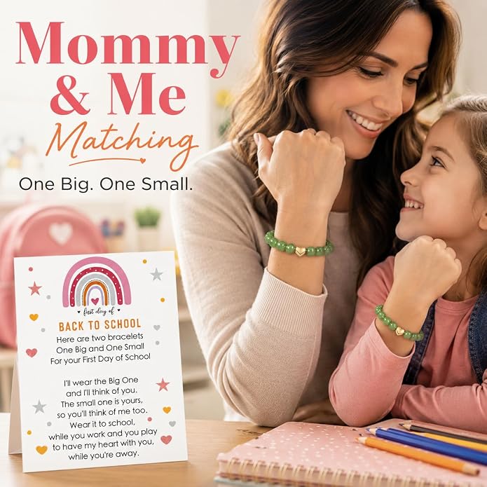 Back to School Bracelets Heart Matching Mommy and Me Elastic Wish Strings Bead Bracelets First Day of School Supplies Gifts