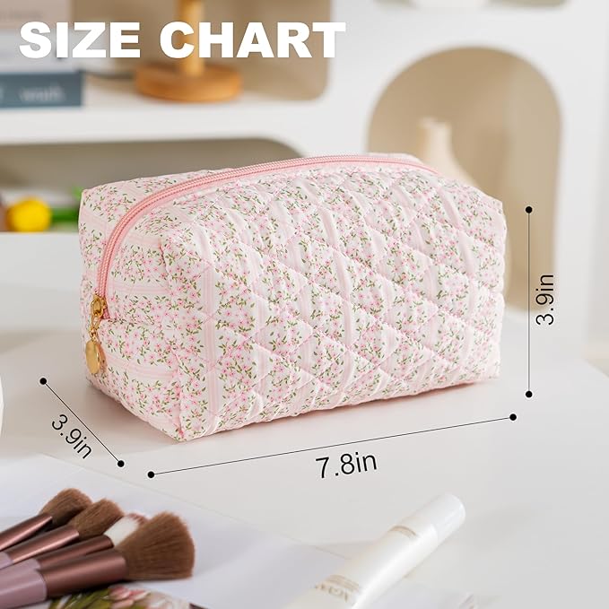 4PCS Makeup Bag Travel Toiletry Bag for Women, Small Cosmetic Bags Aesthetic Organizer Quilted Cotton Makeup Pouch & Purse Emergency Bag Floral Pencil Case Accessory Bag, Pastel Pink