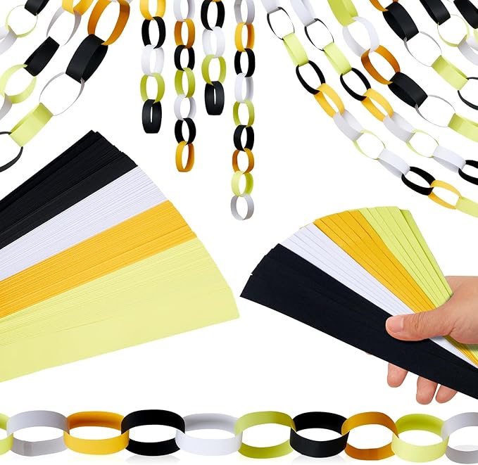 Lincia 600 Sheet Paper Chain Garland Strips 1x8 Inch with Double Sided Tape, DIY Construction Paper Chains for Birthday Wedding Holiday Party Decorations, Crafts Supplies (Black Gold)
