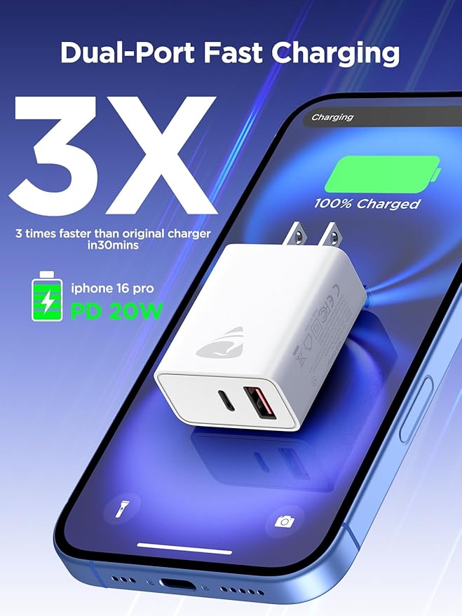[3 Pack] USB C Charger Block, 20W Dual Port Type C Wall Charger Fast Charging Blocks USB Charging Block PD Power Adapter Plug Cube for iPhone 16/15/15 Pro/14/13/12, iPad, iwatch, Samsung