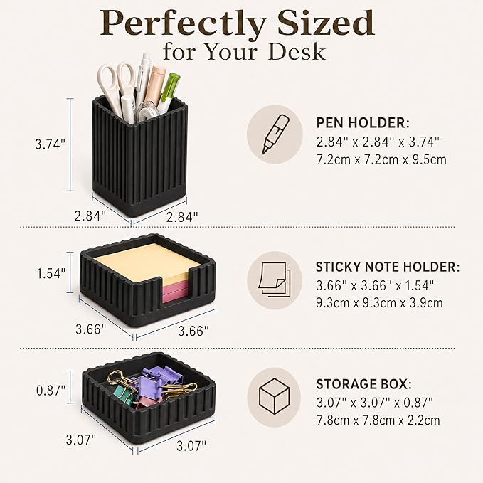 Desk Organizer Set of 3 for Office Accessories - Includes Pen Holder, Paperclip Storage, and Sticky Note Holder - Aesthetic Concrete Desktop Accessories for Women or Men, Office Decor (Black)