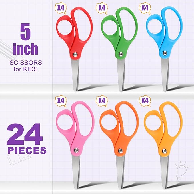 BURVAGY 24 Packs 5" Small School Student Blunt Tip Craft Kids Scissors, Stainless Steel Blades Comfort Grip 5 Inch Safety Scissors Bulk for Children Toodler Cutting Paper