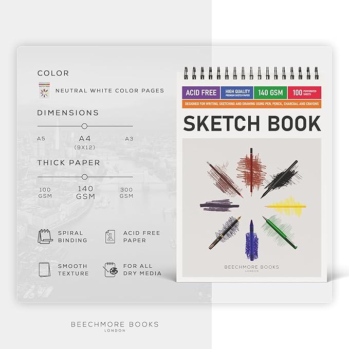 BEECHMORE BOOKS 9"x12" Spiral Bound Sketchbook - 100 Perforated Sheets 140 GSM (95lb) Acid-Free White Paper, Premium Professional Artist Sketch Pad, Art Supplies for Adults Students Drawing Notebook