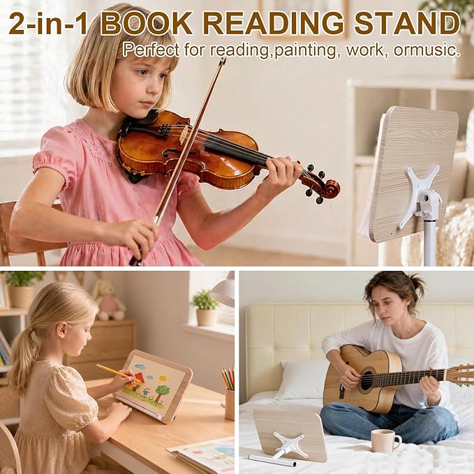 2 in 1 Dual-use Music Stand & Desktop Book Stand, Adjustable Height 16.5"-51", 100% Solid Wood Laptop Floor Stand Book Holder with Elastic Page Clips for Cookbooks, Sheet Music (White)