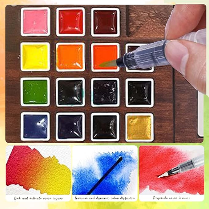Mini Paint Palette Travel Kit - Mini Travel Watercolor Palette Set, Pocket Artist Water Color Travel Set with Colours, Binder Clips, Watercolor Pens, Wooden Paint Box for Painters Artists Students