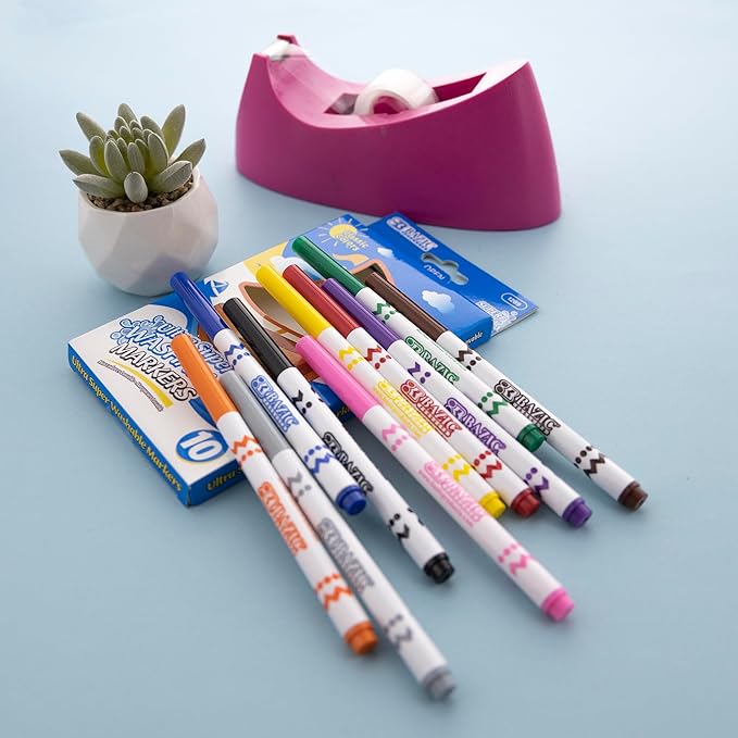 BAZIC Products Super Washable Markers Fine Line 10 Color, Thin Tip Coloring Marker, Non Toxic Marcadorc Art School Supplies, Gift (10/Pack), 1-Pack
