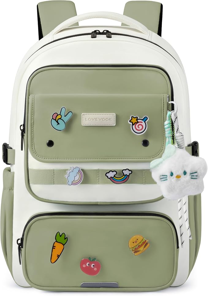 LOVEVOOK School Backpack for Teen Girl, Cute Bookbag with Large Bottle Holder, Lightweight Elementary Middle High School Student Backpack Fits 15.6 Inch Laptop, Back to Schools Kid Gift, Green-Cream