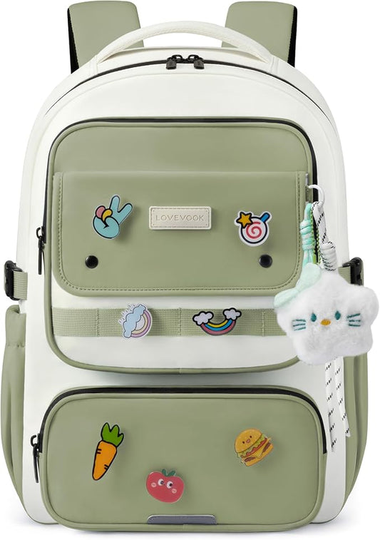 LOVEVOOK School Backpack for Teen Girl, Cute Bookbag with Large Bottle Holder, Lightweight Elementary Middle High School Student Backpack Fits 15.6 Inch Laptop, Back to Schools Kid Gift, Green-Cream