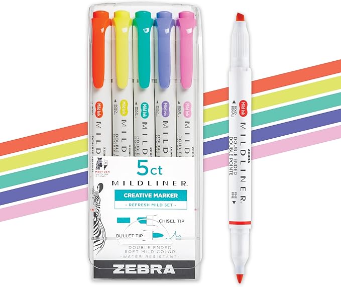Zebra Pen Mildliner Dual-Tip Highlighter Set, Broad and Fine Tips, No Bleed, Ideal for Bible Highlighting, Journaling, Note-Taking and School Supplies, Assorted Bright Ink Colors, 5-Pack (78405)