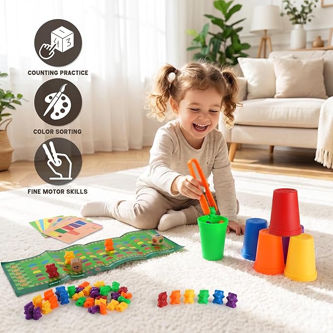 NEOROD Counting Bears - 90 Pcs Color Sorting Toys for Toddlers 1-3 & Preschool Learning Toys with Stacking Cups,Math Manipulatives with 2 Tweezers, 2 Dices, 12 Activity Cards & Storage Container