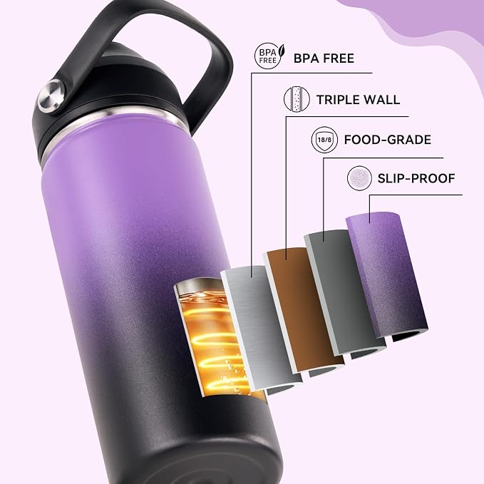 Fijinhom 24oz Insulated Stainless Steel Water Bottle, Wide Mouth Double Wall Vacuum, Silicone Straw, Sweat & Leak Proof, BPA Free Insulated Water Flask for Travel, Purple & Black